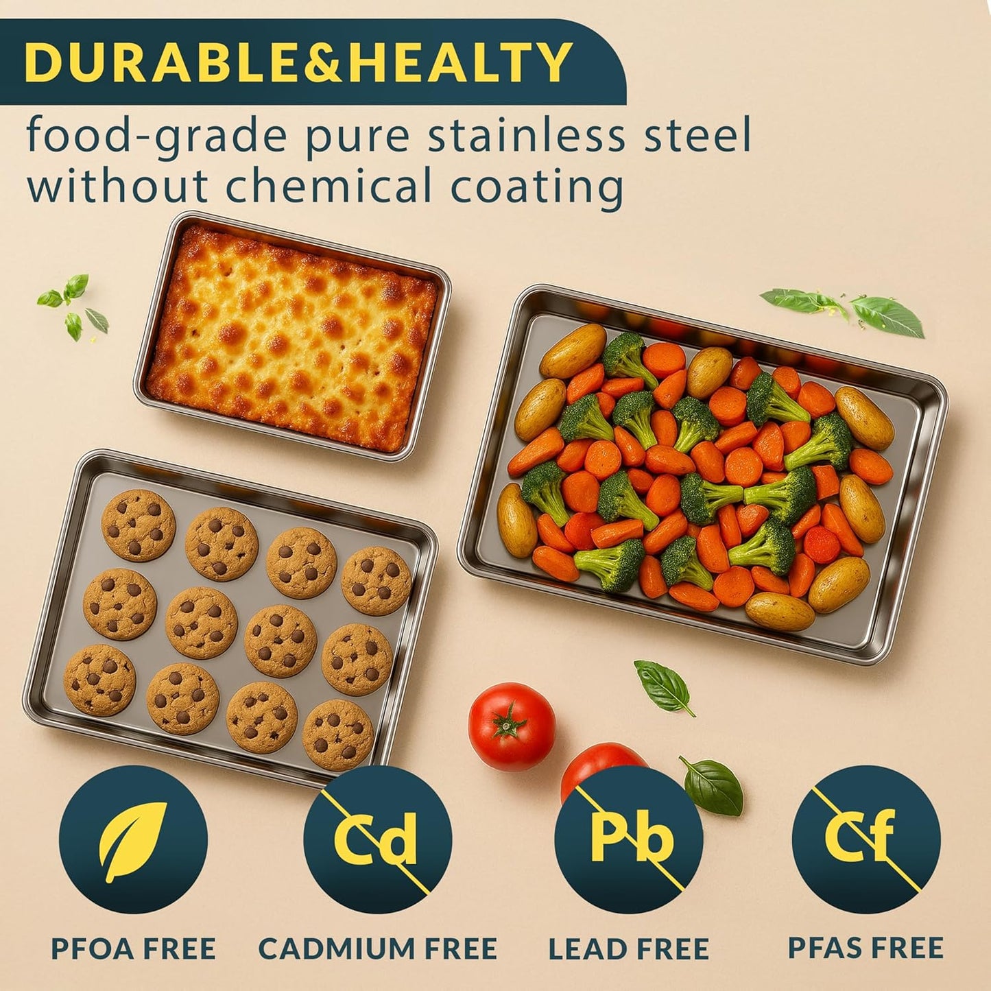 Baker’s Signature Stainless Steel Cookie Sheet Pan Set - Non-Stick, Rust Resistant | 3 Sizes: 9, 12, 16 Inch