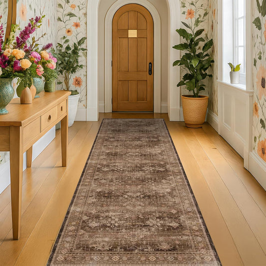 Skiennix Washable 10ft Hallway Runner Rug - Non-Slip Rubber Backing | Boho Vintage Brown 2'6"x10'