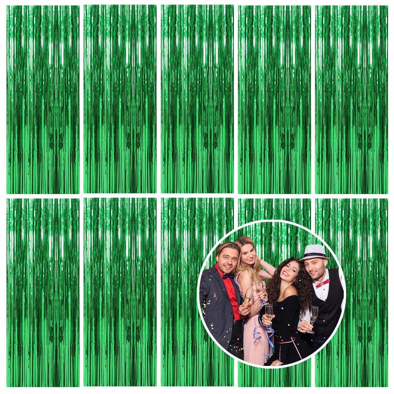 10 Pack Foil Curtain Backdrop Green Metallic Tinsel Foil Fringe Curtains Photo Booth Props for Birthday Wedding Engagement Baby Shower Bachelorette Christmas Holiday Celebration Party
