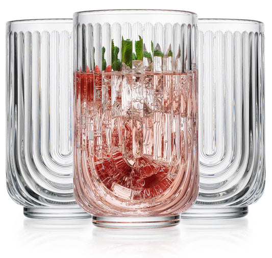 Glaver's Drinking Glasses Set of 8. 17oz Vintage Drinking Cups. Ripple Cocktail Glasses, Ribbed Drinking Highball Glass Cups. Arch Designed Art Deco Glassware for Water Juice Coffee. Package may Vary