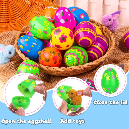 Envotek 24 Pack Plastic Printed Easter Eggs, 2.4 Inch Fillable Empty Eggs Bulks for Easter Eggs Hunt, Easter Basket Stuffers Fillers, Classroom Prize Supplies, Filling Treats and Party Favors