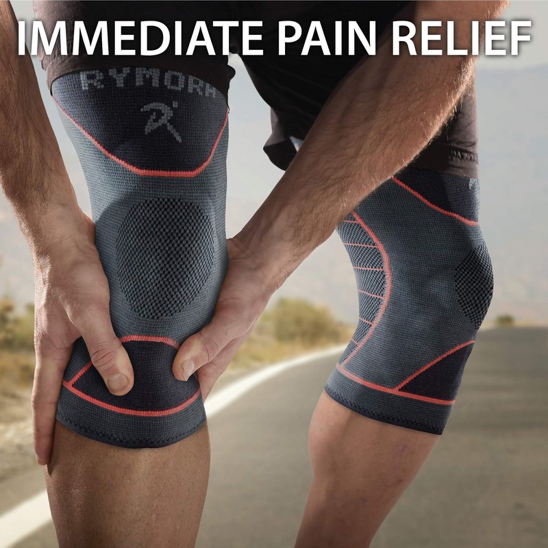 Rymora Knee Support Brace Compression Sleeves for Men and Women (Grey) (Pair) (Large) [L] - for Ligament Injury, Joint Pain Relief, Running, Arthritis, ACL, MCL, Sport