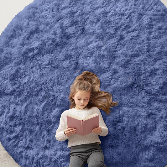 OLANLY Denim Blue Round Area Rug - Soft, Fluffy, Machine Washable 8 ft Circle Carpet for Bedroom & Living Room