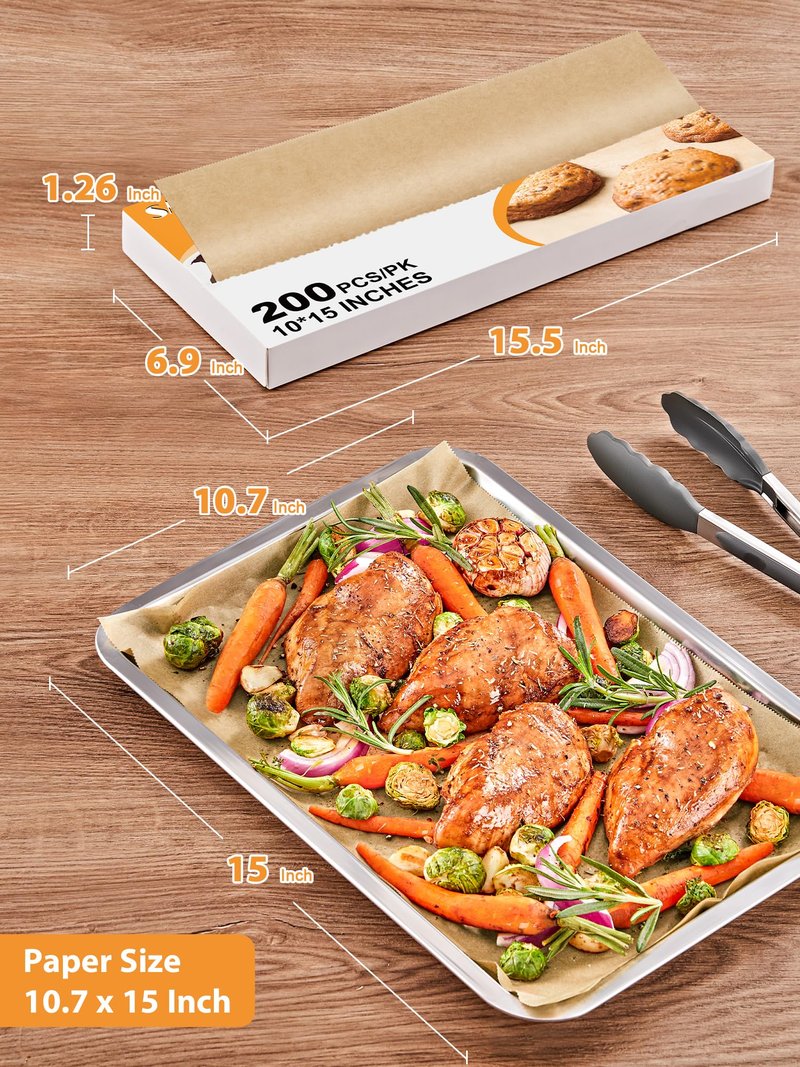 SMARTAKE 200 Pcs Pop-Up Parchment Paper Sheets, 10.7x15 Inch Pre-Cut Parchment Paper for Baking, Non-Stick Greaseproof Baking Paper for Grilling Wrapping Air Frying, Compact Volume, Unbleached