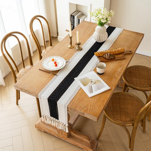 FEXIA Boho Table Runner for Christmas Home Decor with Tassels 72 Inches Long Farmhouse Rustic Black Halloween Table Runner Macrame Burlap Table Decoration for Living Room Bridal Shower(12x72 Inches)
