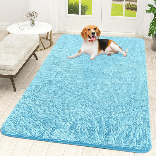 OLANLY Dog Door Mat - Absorbent Non-Slip Washable Chenille Mat for Muddy Paws | 59x35 Inches, Blue