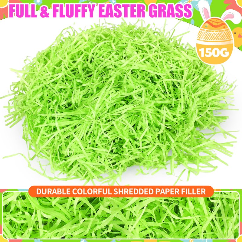 Seifar 5.3oz/150g Green Easter Grass Basket Filler, Recyclable Shred Paper Shred Fillers Easter Basket Grass for Easter Gift Basket Gift Wrapping Party Decorations