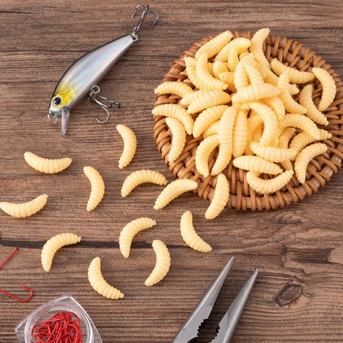 CustomyLife 150Pcs Fake Worms for Fishing, Bass Soft Maggots Baits Bread Worm Realistic Fishing Lure, Plastic False Wax Worm for Freshwater Ice Lure Fishing