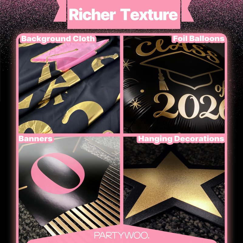 PartyWoo Graduation Decorations Class of 2026 Black Pink Gold 40pcs Grad Party Supplies with Congrats Grad Black Backdrop Banner Hanging Swirls Foil Latex Balloons Graduation Cap Centerpieces Party