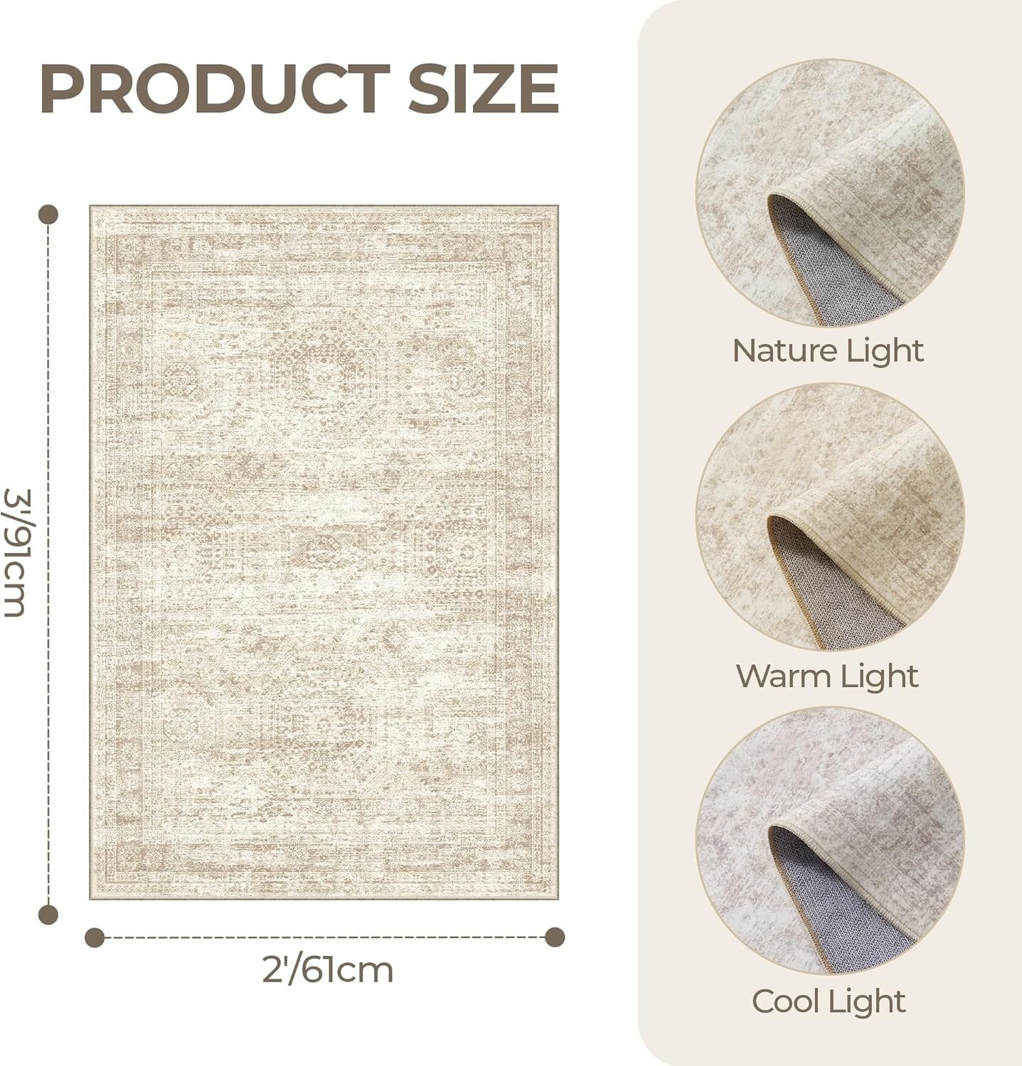 Skiennix 2x3 Washable Rug Runner - Soft Vintage Abstract Design | Anti-Slip Indoor Mat in Beige/Ivory