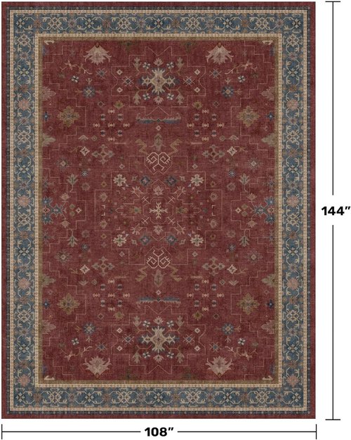 Hazo Haus Oriental 9x12 Soft Area Rug - Dark Red Vintage Design for Living Room & Bedroom, Washable Non-Slip