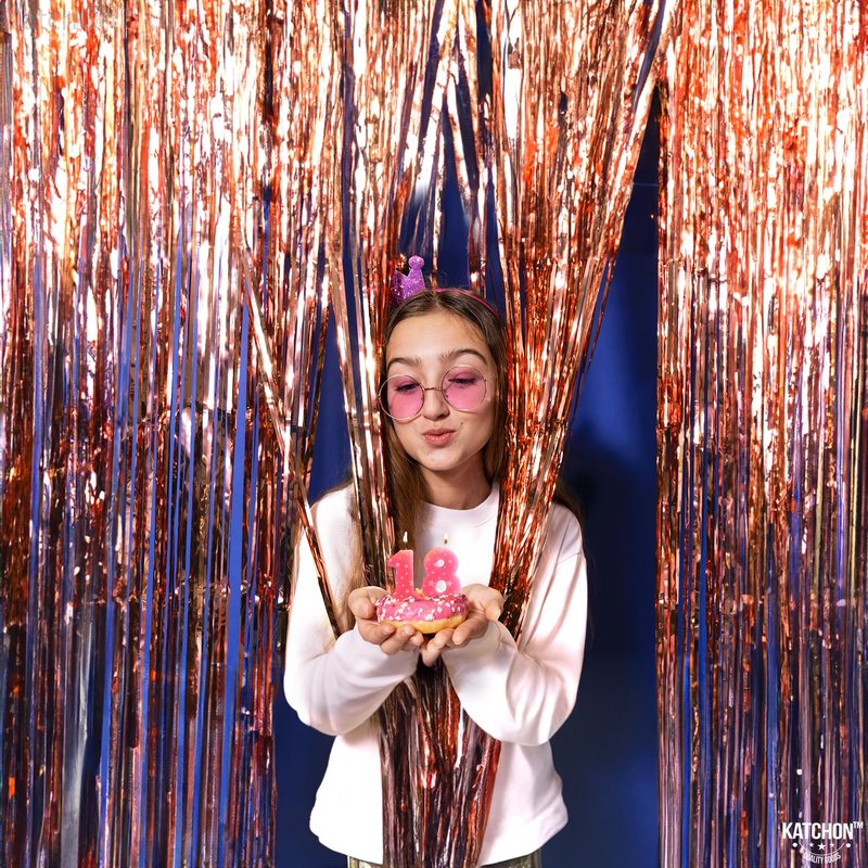 KatchOn, Rose Gold Fringe Curtain - XtraLarge 8x3.2 Feet, Pack of 3 | Rose Gold Backdrop for Bachelorette Party Decor, Graduation Decorations 2025 | Fringe Backdrop for Rosegold Birthday Decorations