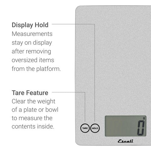 Escali Arti Glass Food Scale Digital Countertop Kitchen, Baking and Cooking Scale with Nutrition and Calorie Counter, 15-Pound Capacity, 9" x 6.5" x .75", Shiny Silver
