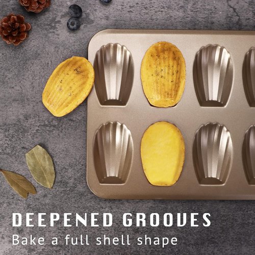 HONGBAKE Nonstick Madeleine Pan - 12-Cavity Heavy Duty Baking Tray Set | Champagne Gold Finish