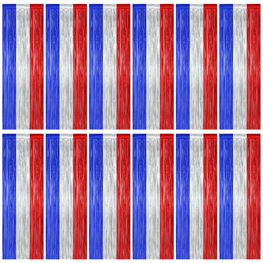 12 Pack Christmas Party Backdrop, 3.28 FT x 7.05 FT Red Silver Green Foil Streamer, Metallic Fringe Curtains Tinsel Streamer, Hanging Christmas Decorations Picture Props Door Decor