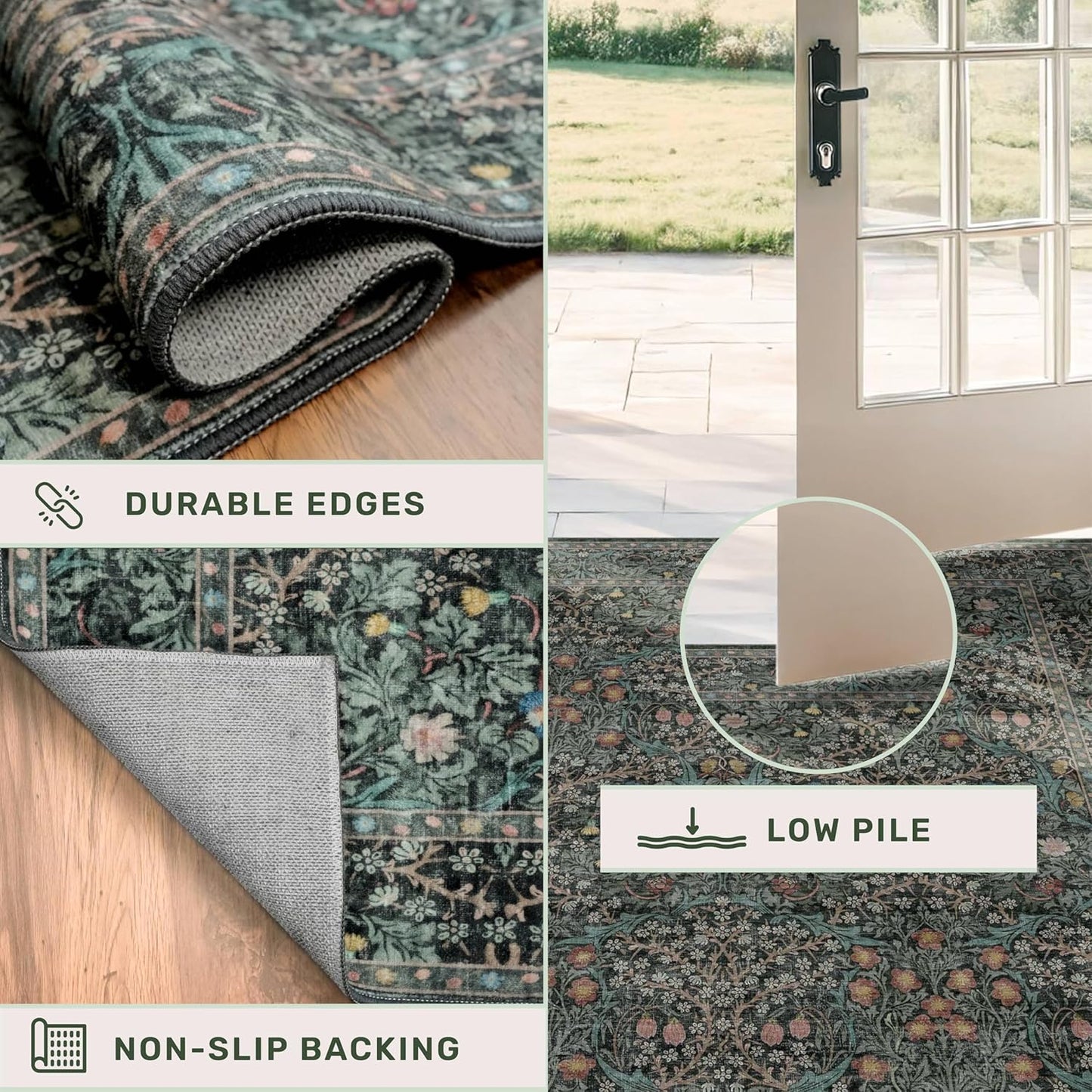 Skiennix Dark Green 2x5 Runner Rug - Non-Slip & Washable Floral Boho Design for Indoor Use