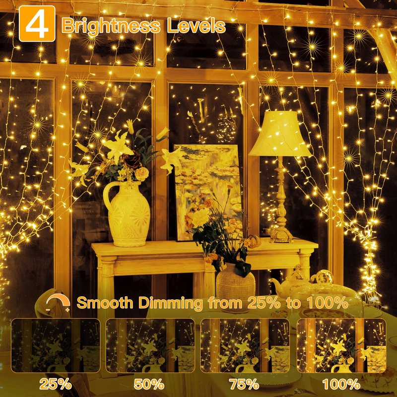 Ollny Curtain Lights 6.6x6.6ft, 200 LED String Lights with Remote 8 Modes Dimmable Timer, USB Power Fairy Light for Bedroom Backdrop Indoor Wall Window Christmas Decorations, Warm White