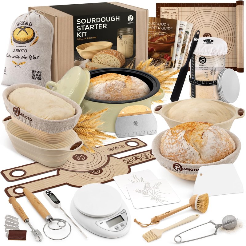Sourdough Starter Kit with Dutch Oven and Scale - Complete Sourdough Kit with Proofing Baskets, 34oz Jar, Slings, and Other Premium Bread Making Tools - Perfect Baking Gifts for Women, Men, and Bakers