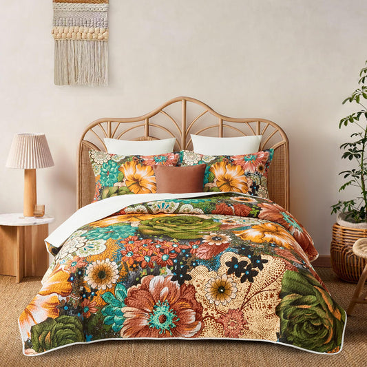 Boho Floral Quilt Sets King Size Reversible Mid Century Quilt Bedding Set Bohemian Design Soft Bedspread 3 Pieces Microfiber Lightweight Coverlet with 2 Pillow Shams for All Seasons, 106''x96''