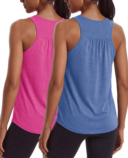 PINSPARK Womens Tank Tops Loose Fit Yoga Shirts Moisture Wicking Racer Back Tennis Tank Top Flowy Summer Fitness Clothing,Hot Pink/Deep Blue XXL
