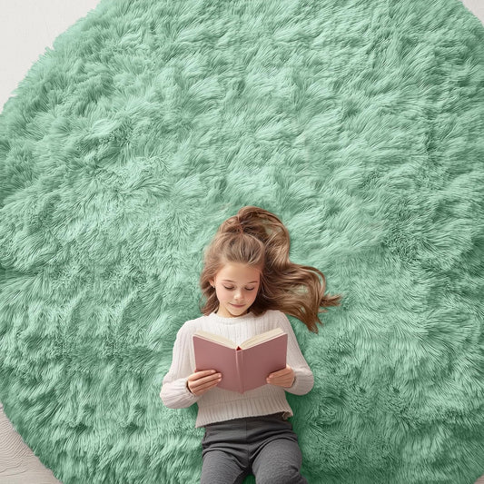 OLANLY Round Mint Green Area Rug - Soft, Fluffy, Machine Washable 8 ft Circle for Bedroom & Living Room Decor