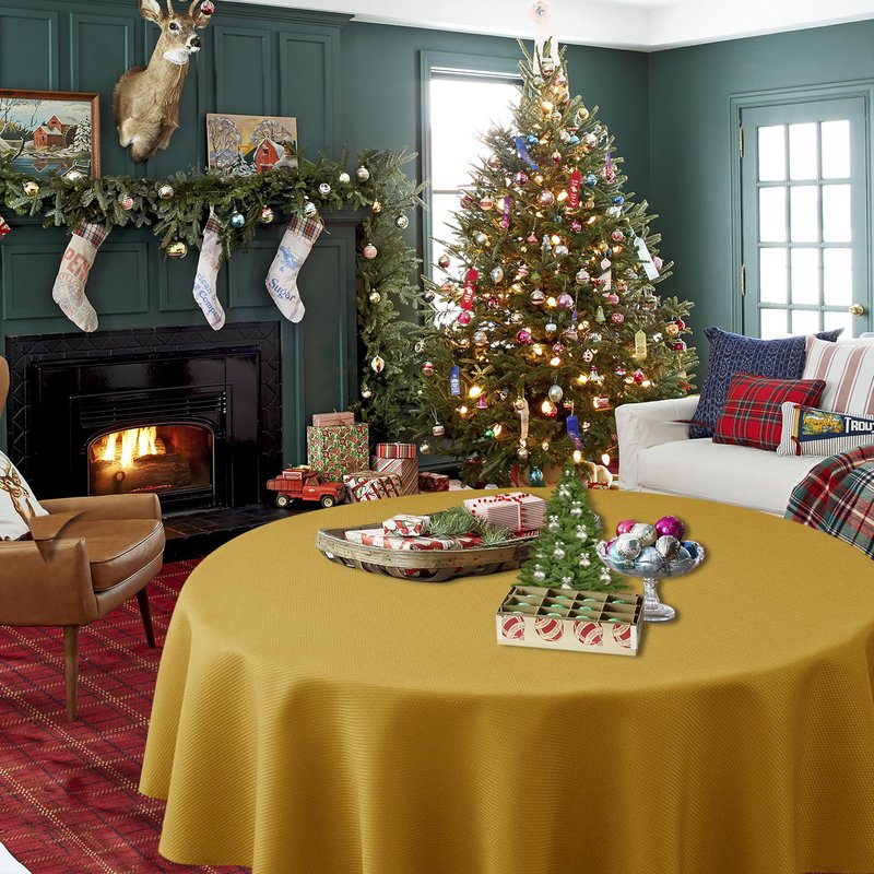 Biscaynebay Round Christmas Tablecloths 60" for Round Tables diameters from 28" to 48", Gold Textured Fabric Water Resistant Folding Table Covers Washable for Dining, Kitchen, Wedding, Parties etc