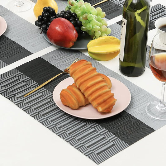 Leetaltree Grey with White Striped Placemats Set of 8 - Heat Resistant Non-Slip Place mats for Dining Table, Washable Durable PVC Vinyl Woven Table Mats（Grey Stripe, 8）