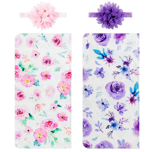 R HORSE Newborn Baby Swaddle Blankets Headband Sets Including 2 Pack of Floral Pattern Receiving Blanket & Headband for Baby Shower Newborn Gift (0-3 Months)