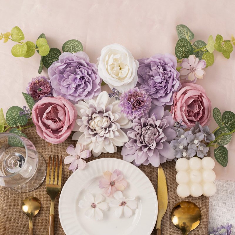 Khyxvbcd 30 Pcs Artificial Flowers Combo Purple Flowers Mix Silk Flowers Dahlia Roses with Stems for DIY Wedding Bridal Bouquets, Baby Shower, Floral Arrangement, Table Centerpieces, Home Decorations