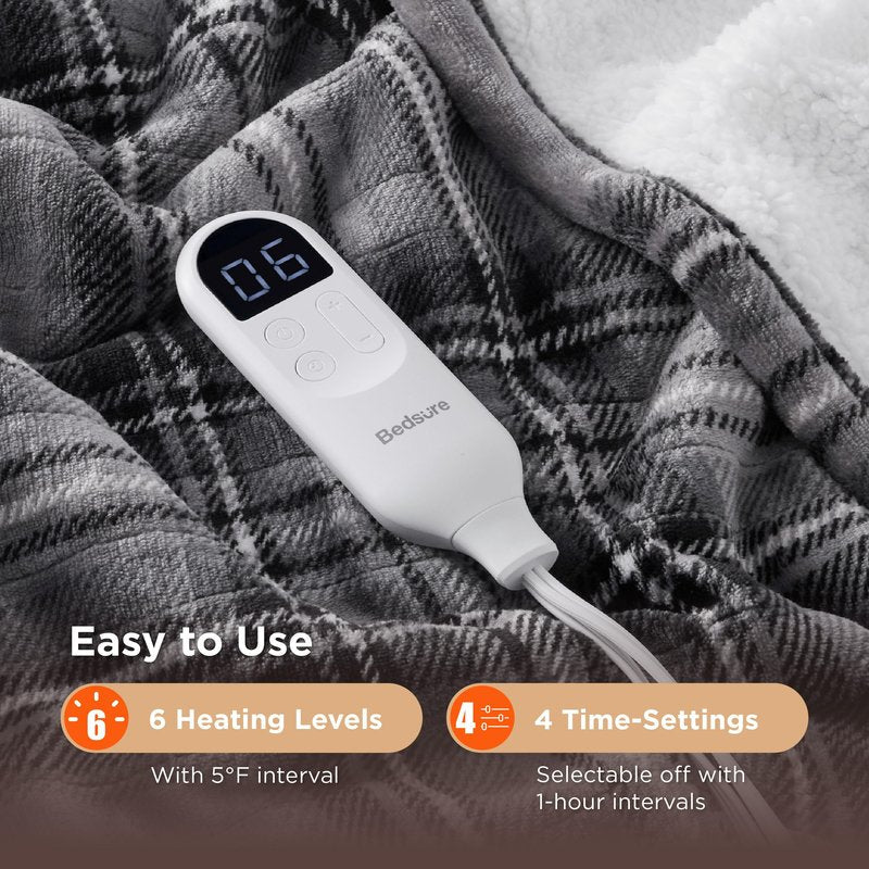 Bedsure Plaid Heated Throw Blanket - Flannel Sherpa Electric Blanket with Plaid Pattern, Heating with 6 Heating Levels, 4 Time Settings, 3-Hour Auto-Off, Warm Gifts for Grandma (Grey, 50"x60")