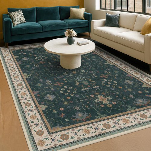 Hazo Haus Vintage Dark Green 6x9 Area Rug - Washable Floral Design for Dining & Living Rooms