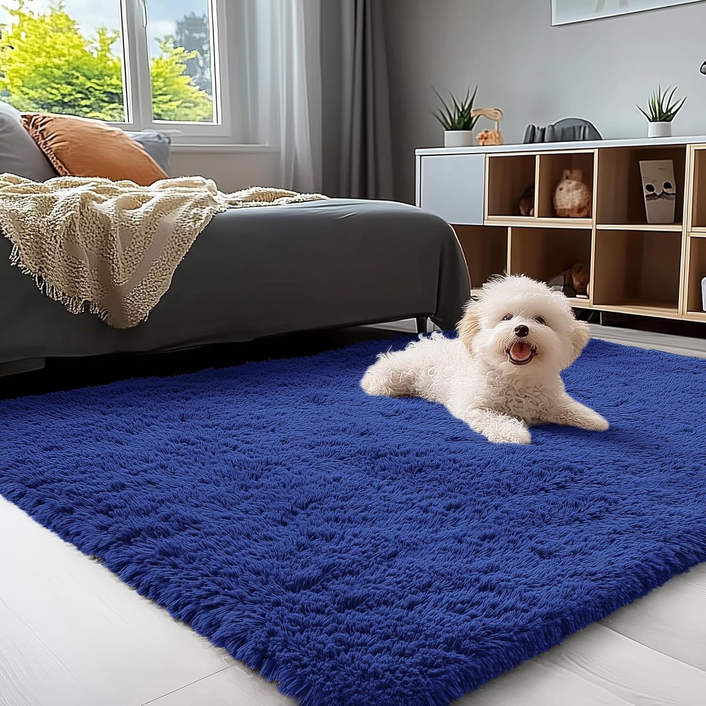 OLANLY 4x5 Soft Fluffy Shaggy Accent Rug - Machine Washable Indoor Carpet for Bedroom & Nursery | Navy Blue