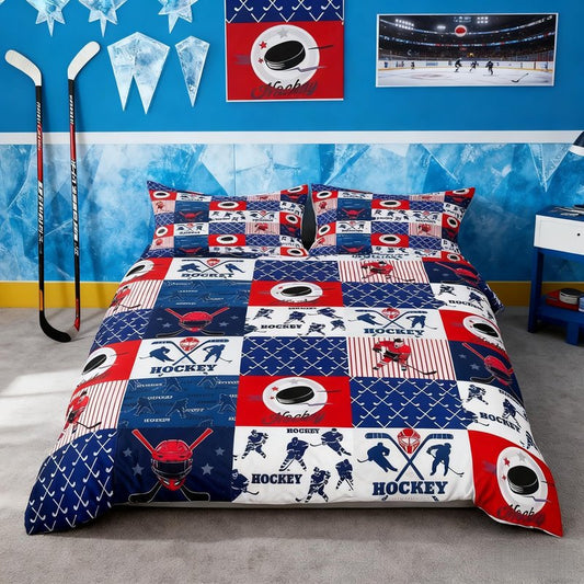 Ice Hockey Duvet Cover Set Queen Size,Geometric Check Patchwork Stylish Bedding Set,Athlete Winter Sports Theme Comforter Cover for Kids Teens Boys Bedroom Decor,Blue Red Quilt Cover,2 Pillowcases