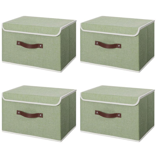 ANMINY 4PCS Storage Bins with Lid PU Leather Handles Storage Boxes PP Plastic Board Decorative Foldable Lidded Cotton Linen Fabric Home Cubes Baskets Closet Organizer Containers - Green, Large Size