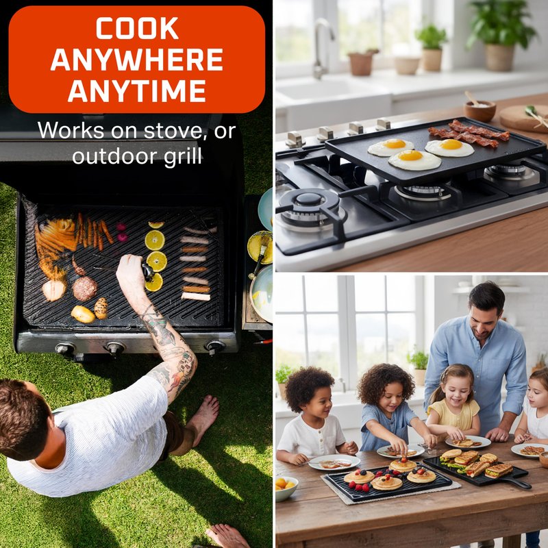 Bruntmor 2-in-1 Reversible Grill Plate - Pre-Seasoned Cast Iron Griddle Pan for Gas Stovetop, Oven, or Open Fire - 17x10-Inch Rectangular Double Sided Flat Pan for Camping, Roasting, and Grilling