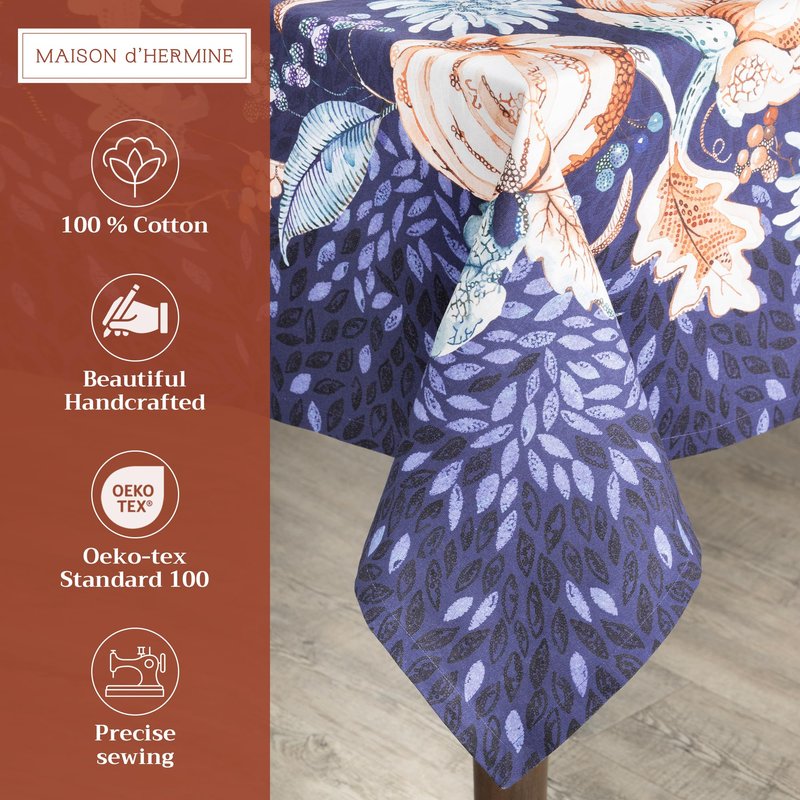 Maison d' Hermine Table Cloth Rectangle Table 100% Cotton 70 x 120 Inches Fall Tablecloth Reusable Everyday Use for Thanksgiving Christmas Decorations Dining Farmhouse Party (Pumpkin Blues)