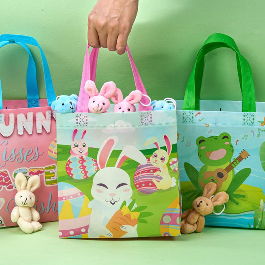 JOYIN 6 Pcs Easter Non-woven Tote Bags with Handle, Happy Easter Egg Bunny Frog Chick & Egg Gift Treat Bags for Gifts Wrapping, Kids Party Supplies & Hunt Game