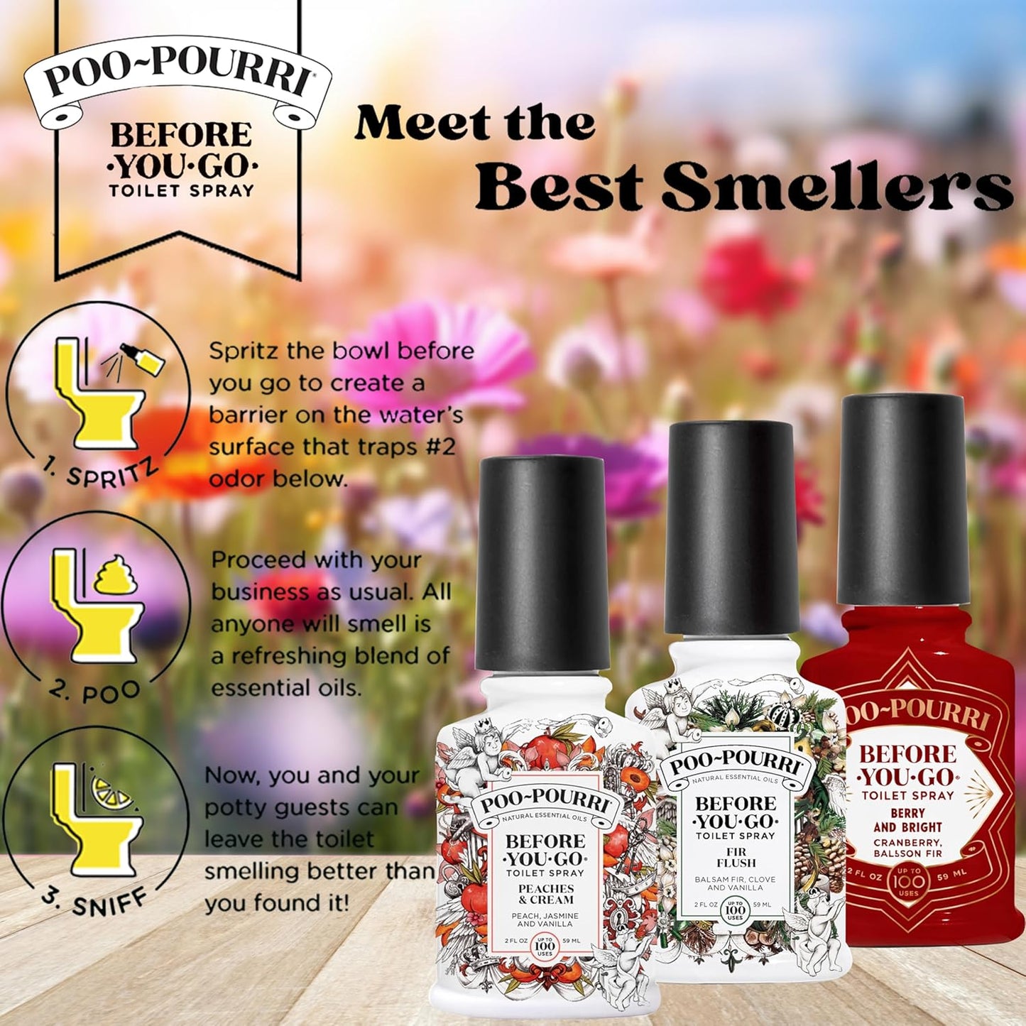 Poo-Pourri Toilet Spray Variety Pack - Spring Scents: Berry & Bright, Peaches & Cream, 2 Oz