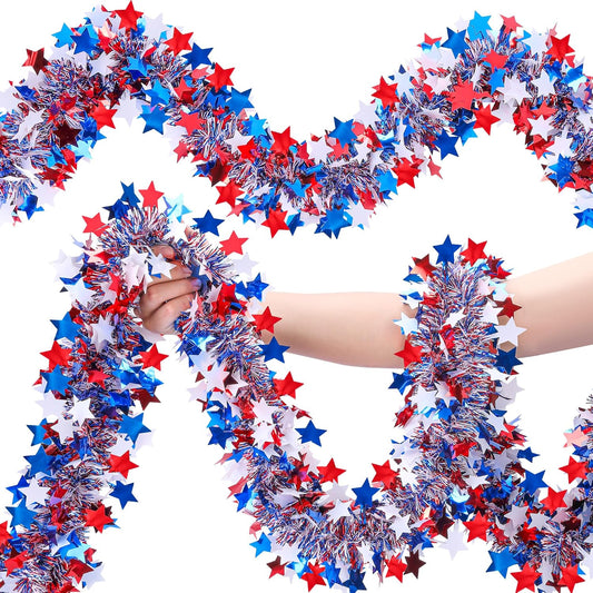 Regine Switzerland Patriotic Glitter Tinsel Garland - 52.5Ft Red, White & Blue Metallic Twist for 4th of July Decor
