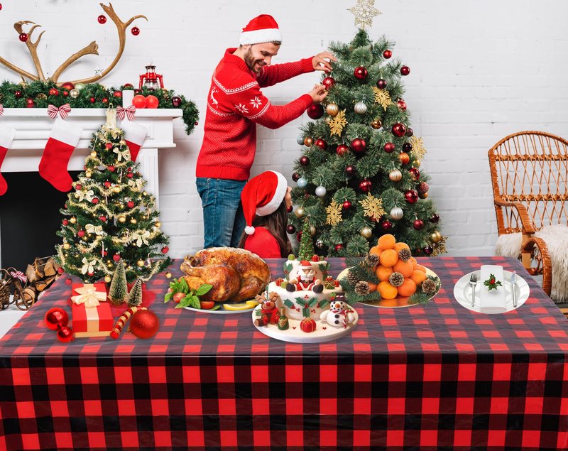 Kesfey 8 Packs Red and Black Merry Christmas Checkered Tablecloth 54 x 108 Inches Plastic Buffalo Check Plaid Table Cover Disposable Red Gingham Winter Christmas Picnic Table Cloth for Dinner Camping