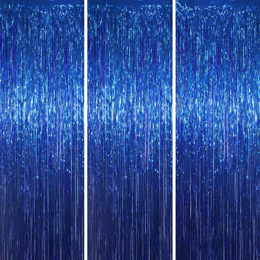 Voircoloria 3 Pack 3.3x8.2 Feet Blue Foil Fringe Backdrop Curtains, Tinsel Streamers Birthday Party Decorations, Fringe Backdrop for Graduation, Baby Shower, Gender Reveal, Disco Party