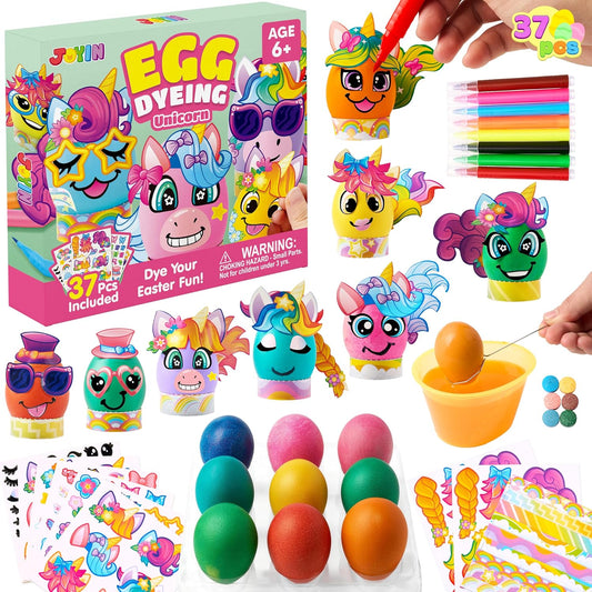 JOYIN Unicorn Easter Egg Dye Kit - 37 PCS Coloring Set with Dye Tablets & Stickers for Kids' Parties