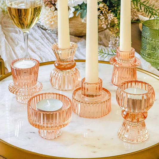 Kate Aspen Glass Taper Candle Holder Set of 6 - Rose Gold Ribbed Vintage Candlestick Votive Pillar Decorative Centerpiece for Dining Table Shelf Decor