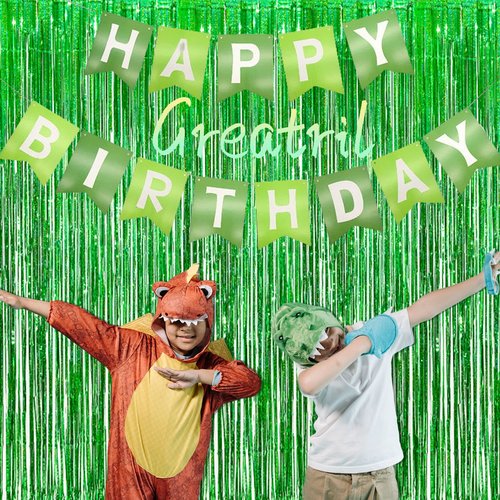 Green Tinsel Curtain Party Backdrop - GREATRIL Foil Fringe Streamers for St Patrick’s Day/Luau/Turtle/Hawaiian/Dinosaur/Ghost/Football/Christmas Decorations 2 Packs