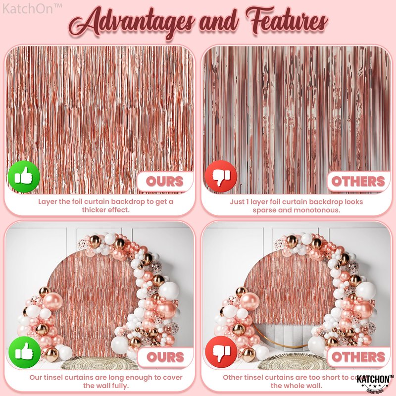 KatchOn, Rose Gold Fringe Curtain - XtraLarge 8x3.2 Feet, Pack of 3 | Rose Gold Backdrop for Bachelorette Party Decor, Graduation Decorations 2025 | Fringe Backdrop for Rosegold Birthday Decorations