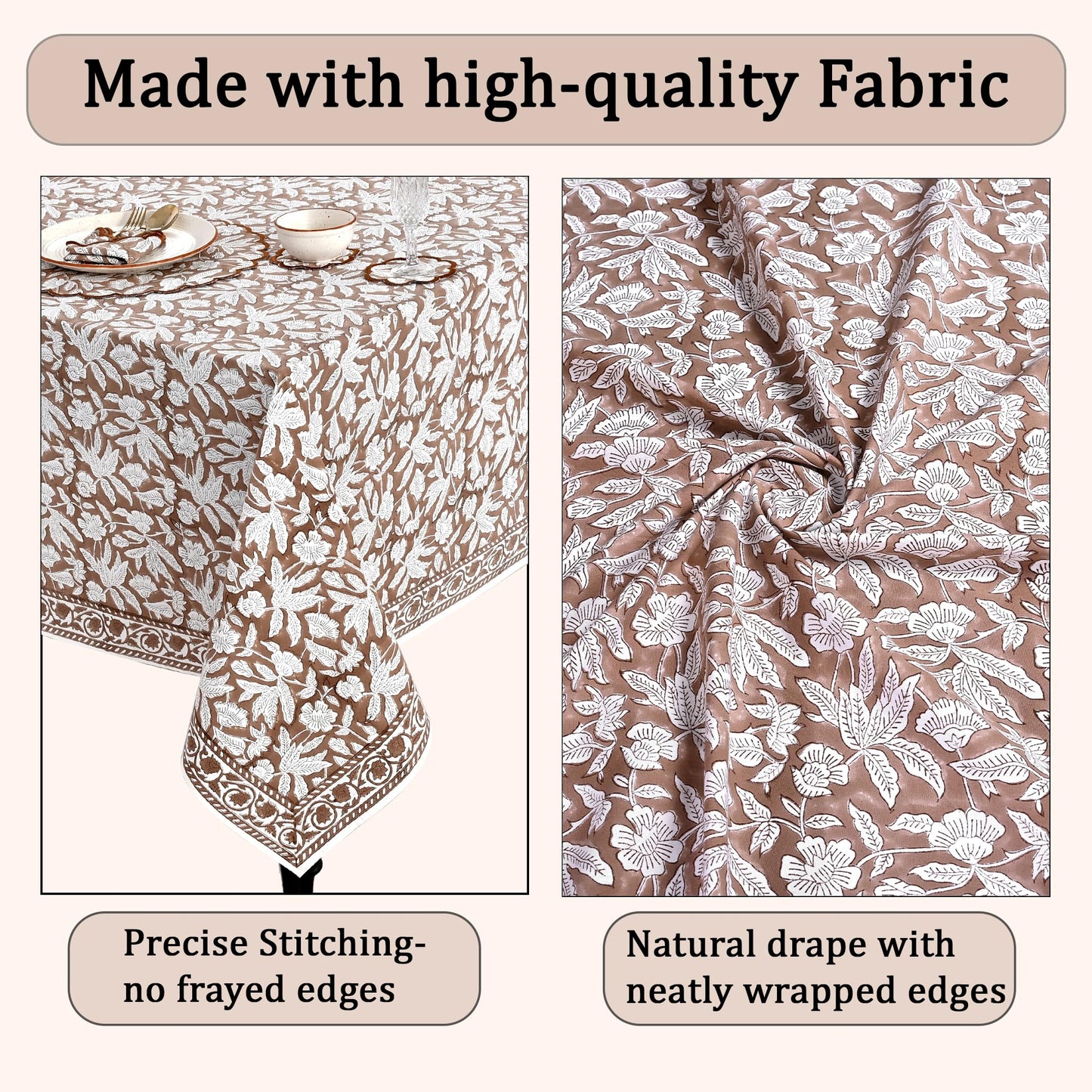 Ridhi Oak Brown Hand Block Print Cotton Rectangle Tablecloth 102" x 48" inches Reusable Table Cover Decorative Everyday Use for Dining Room, Farmhouse, Home Gift for Spring, Mother's Day