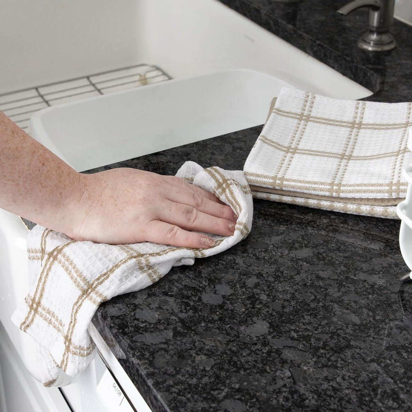 T-Fal Premium Waffle Dish Cloths - Highly Absorbent & Soft 100% Cotton Towels | 12"x13" (4-Pack) in Sand
