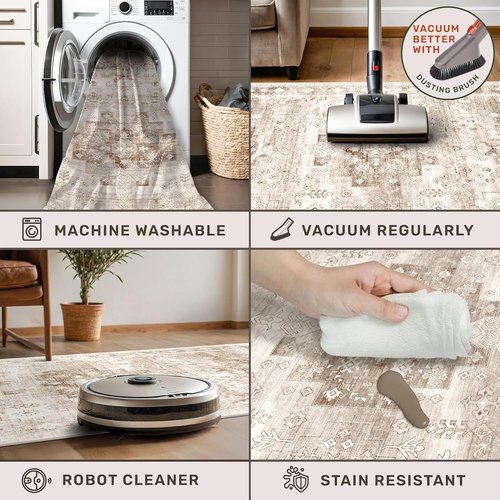 Farmhouse Large Entryway Rug by Washable | Non-Slip, Stain Resistant | 3x6 Beige/Latte for Kitchen & Bedroom