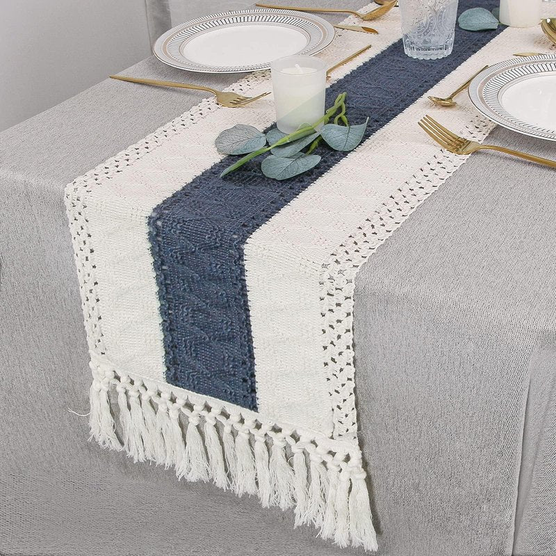 FEXIA Boho Table Runner 90 Inches Long with Tassels Farmhouse Rustic Cream & Blue Macrame for Dining Bedroom Baby Bridal Shower Decor(12x90 Inches)