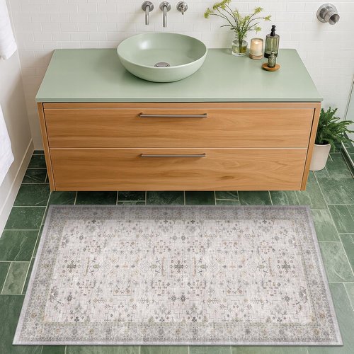 Boho Bathroom Rug by Light Grey | Modern Vintage Floral Design - Washable Non-Slip 2x4 Area Rug